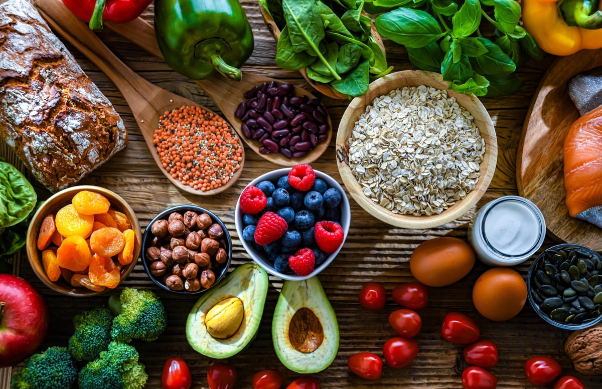 Healthy balanced meal with fruits vegetables and whole grains representing nutrition and wellness